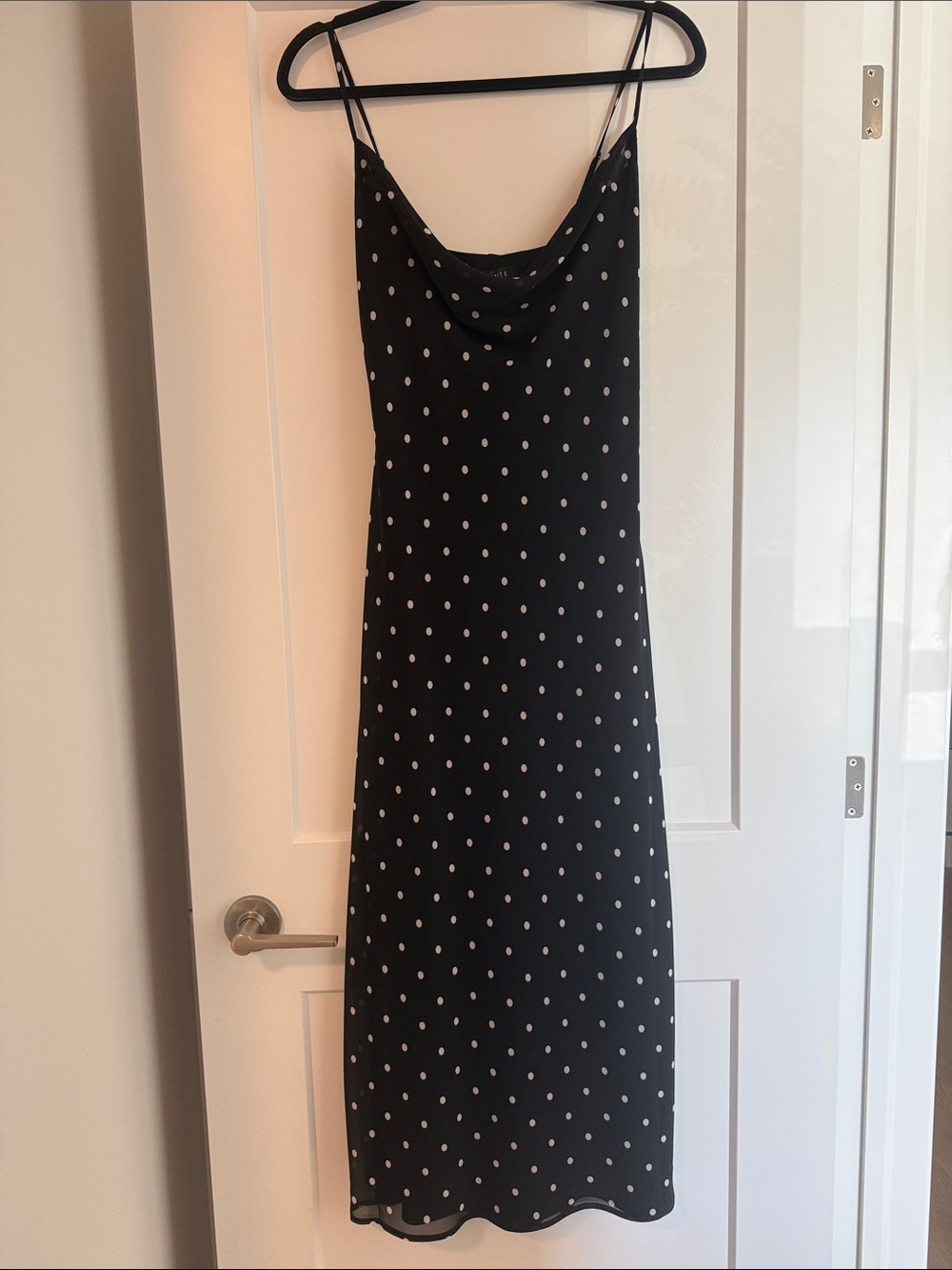 Black Polka Dot Midi Slip Dress with Cowl Neck